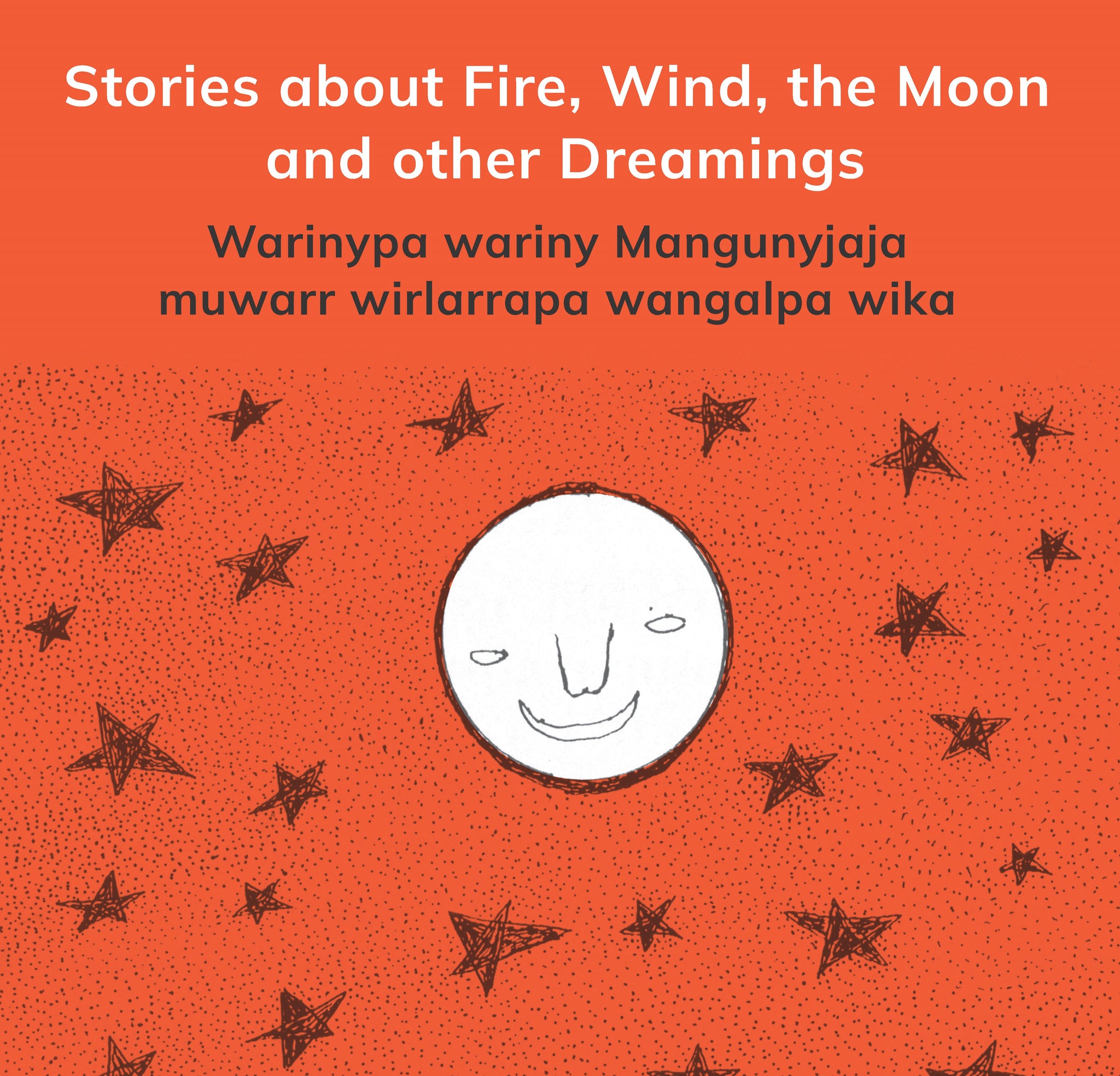 A bright orange book cover with a white moon with a smiley face and lots of black stars and dots surrounding the moon.