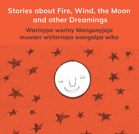 A bright orange book cover with a white moon with a smiley face and lots of black stars and dots surrounding the moon.