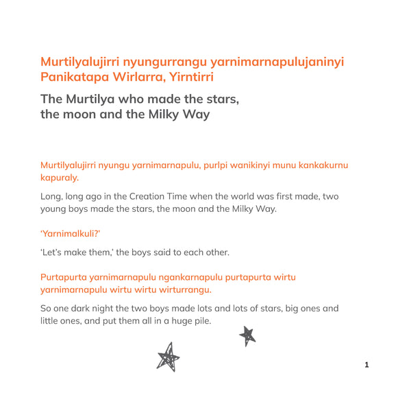 Text about the Murtilya creation story with star illustrations. The orange text is Nyangumarta language and the black text is English.