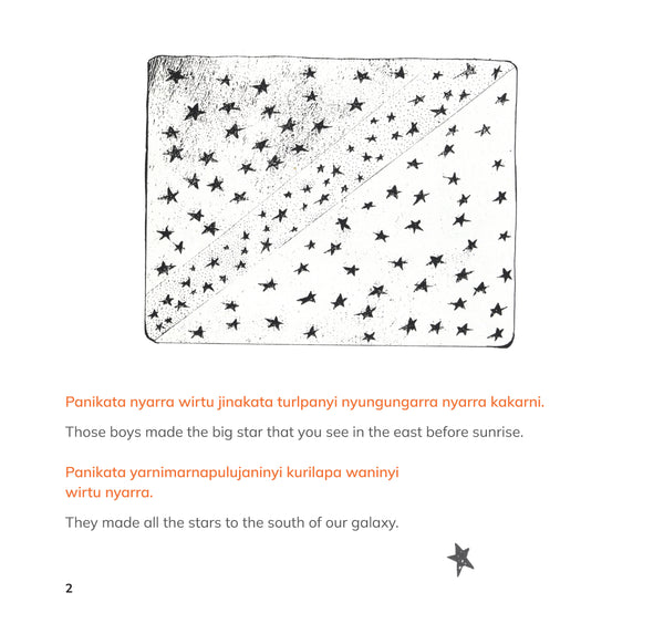 Text about the Murtilya creation story with star illustrations. The orange text is Nyangumarta language and the black text is English.